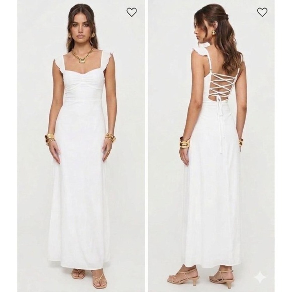 Princess Polly White Landon Lace Up Back Flutter Sleeve Maxi Dress US 8